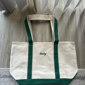 Personalized Cream Canvas Tote with Green Straps NEVER USED
